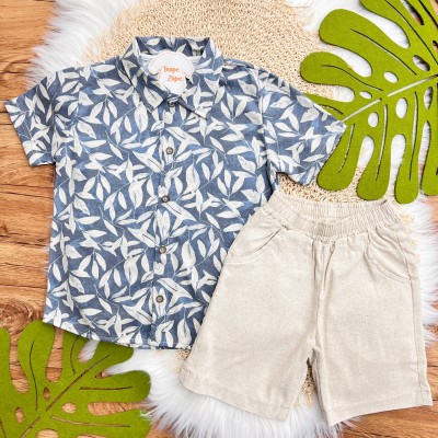 Conj. Camisa Tropical e Bermuda em Linho - Azul Jeans e Areia
